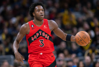 INDIANAPOLIS, IN - NOVEMBER 12: O.G. Anunoby #3 of the Toronto Raptors brings the ball up court during the game against the Indiana Pacers at Gainbridge Fieldhouse on November 12, 2022 in Indianapolis, Indiana. NOTE TO USER: User expressly acknowledges and agrees that, by downloading and or using this photograph, User is consenting to the terms and conditions of the Getty Images License Agreement.  (Photo by Michael Hickey/Getty Images)