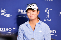 JERSEY CITY, NJ - MAY 30:  Rose Zhang of the United States is interviewed prior to her professional debut at the LPGA Mizuho America's Open at Liberty National Golf Course on May 30, 2023 in Jersey City, New Jersey.  (Photo by Rich Graessle/Icon Sportswire via Getty Images)