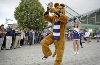 The Penn State Nittany Lion mascot hypes up a crowd outside The CHQ shopping center in Dublin on Aug. 28, 2014.